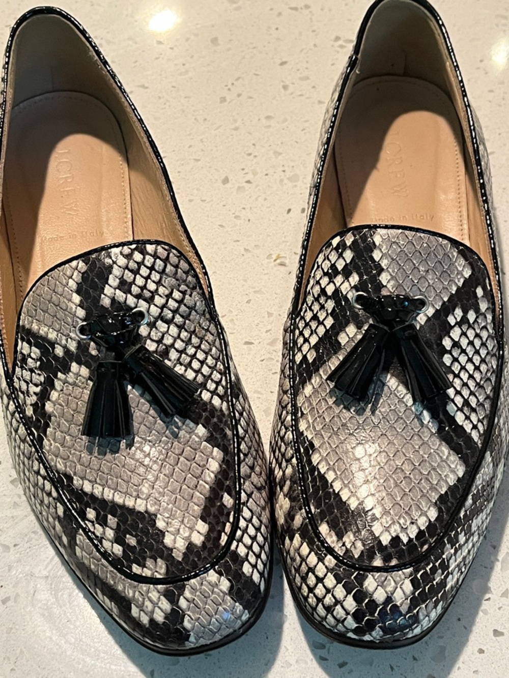J. Crew Black & White Snake-Print Tassel Loafers